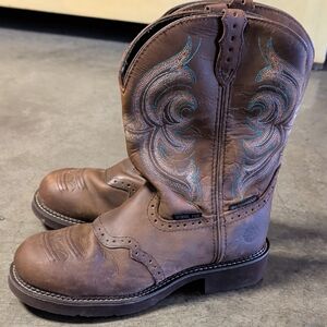 Women's Justin Gypsy Steel Toe Brown Leather Western Boots with Blue Embroidery